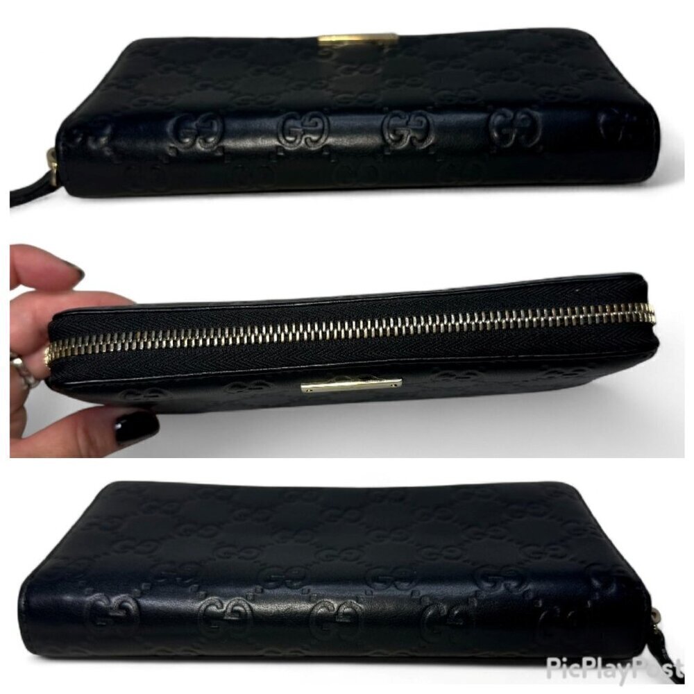 GUCCI Guccissima Leather Zip Around Long Wallet, Black GG Embossed - Picture 11 of 15